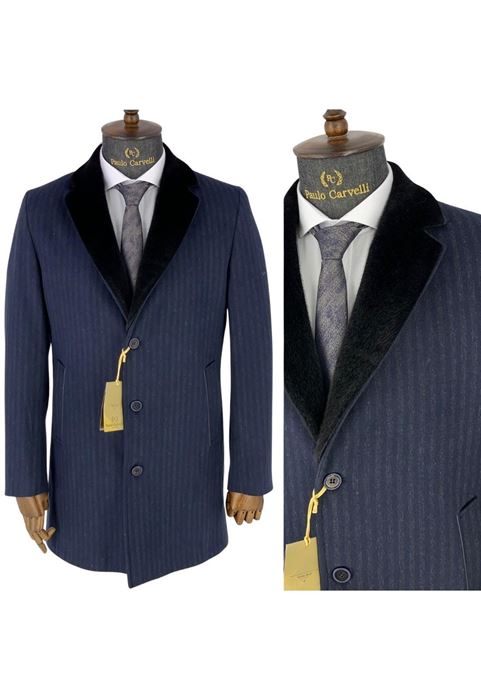 Image de MANTEAU BLEU MARINE FONCÉ COL ÉPAIS À RAYURES PLATES DÉTAILLÉ