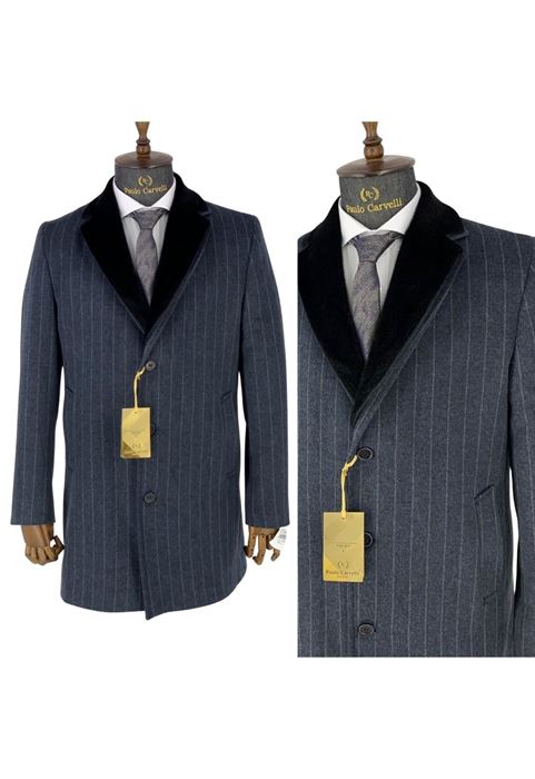 AÇIK GRİ DÜZ ÇİZGİLİ YAKA DETAYLI KABAN resmi