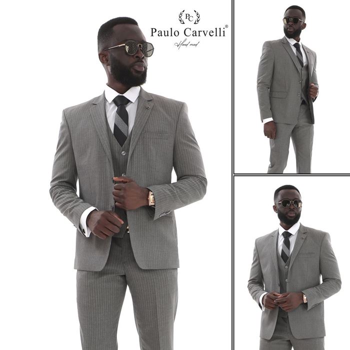 GRİ DÜZ ÇİZGİLİ YELEKLİ TAKIM ELBİSE resmi