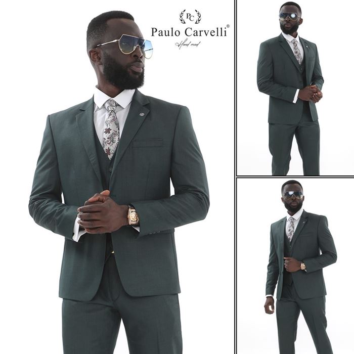 KOYU YEŞİL DÜZ DESENLİ YELEKLİ TAKIM ELBİSE resmi